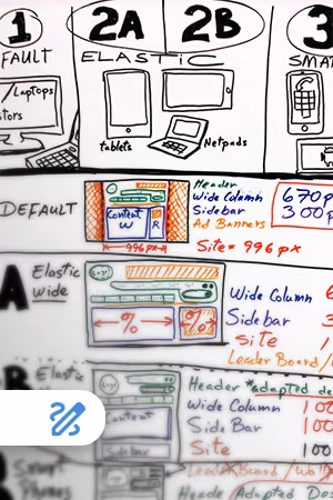 Sketch qui illustre les différentes maquettes requises pour que l’équipe d’intégrateur web (front-end) code un site en « Responsive Design » ainsi que la différence entre un site avec breakpoints définis VS un design élastique.