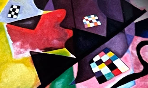 Reproduction personnalisée de l’oeuvre « Jaune Rouge Bleu » de Kandiski. — Peinture acrylique sur bois.