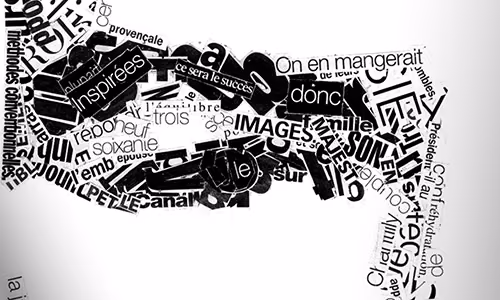 Autoportrait typographique créé à partir d’ombres réalisées par collage de mots découpés dans des magazines en papier. — Découpures de papier de magazines imprimées et colle.