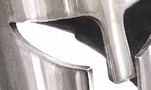 « Casque médiéval » : Exercice de reflets sur du métal où l’on discerne deux rangées de soldats médiévaux qui se font face. — Illustration réalisée avec marqueurs graphiques et encre.